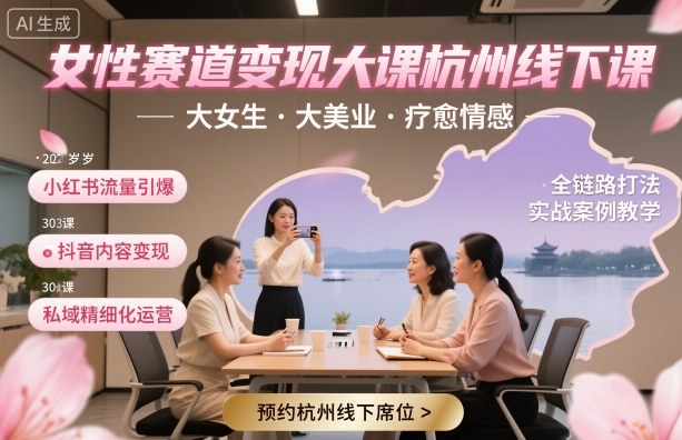 女性赛道变现大课杭州线下，大女生，大美业，疗愈情感，一套小红书、抖音、私域全链路打法-大兵轻创资源库