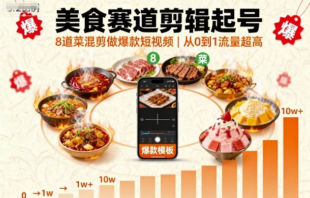 美食赛道剪辑起号，8道菜混剪做爆款短视频，从0到1，流量超高-大兵轻创资源库