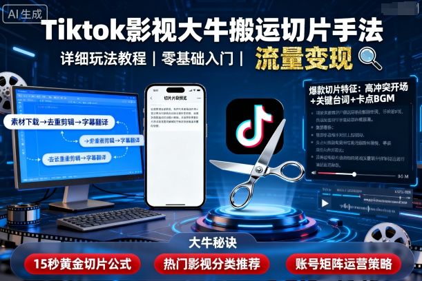 Tiktok影视大牛搬运切片手法，详细玩法教程-大兵轻创资源库