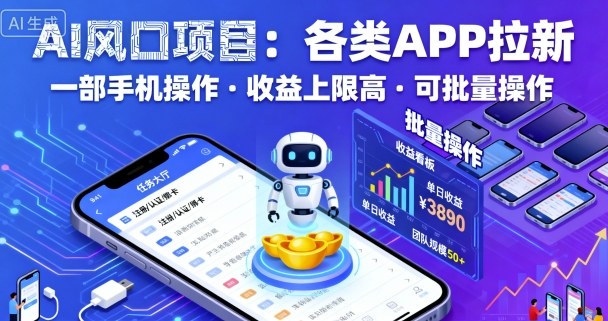 AI风口项目，各类APP拉新，一部手机就可以操作，收益上限高，可批量操作-大兵轻创资源库