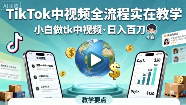 TikTok中视频全流程实操教学，小白做tk中视频，日入百刀-大兵轻创资源库