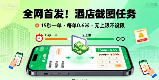 全网首发！酒店截图任务，15秒一单，每单0.6米，任务无上限不设限，矩阵操作单日3张到手【揭秘】-大兵轻创资源库