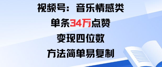 视频号分成计划新玩法：音乐情感类单条34W点赞，变现四位数，方法简单易复制-大兵轻创资源库