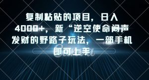 复制粘贴的项目，日入4000+，新“逆空使命“闷声发财的野路子玩法，一部手机即可上手-大兵轻创资源库