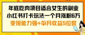 年底吃肉项目适合女生的副业小红书打卡玩法一个月涨粉6万+变现能力强+单月收益5位数【揭秘】-大兵轻创资源库