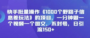 快手批量操作《1000个野路子信息差玩法》的项目，一分钟做一个视频一个图文，不封号，日引流150+【揭秘】-大兵轻创资源库