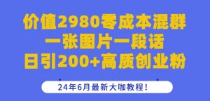 价值2980零成本混群一张图片一段话日引200+高质创业粉,24年6月最新大咖教程【揭秘】-大兵轻创资源库