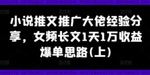 小说推文推广大佬经验分享，女频长文1天1万收益爆单思路(上)-大兵轻创资源库