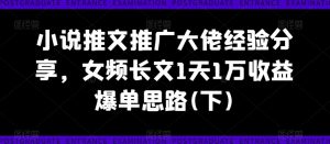 小说推文推广大佬经验分享，女频长文1天1万收益爆单思路(下)-大兵轻创资源库