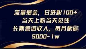 流量掘金,日进粉100+,当天上粉当天见钱,长期管道收入,每月躺挣5k-大兵轻创资源库