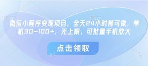 微信小程序变现项目,全天24小时都可做,单机30-100+,无上限,可批量手机放大-大兵轻创资源库