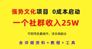 强势文化项目,一个社群收入25个W,0成本启动,可矩阵批量操作,原创详细实操教程-大兵轻创资源库