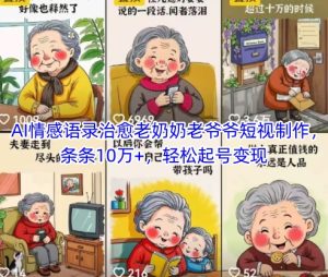 AI情感语录治愈老奶奶老爷爷短视制作,条条10万+,轻松起号变现-大兵轻创资源库