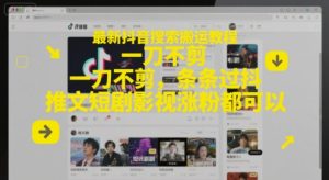 最新抖音搜索搬运教程，一刀不剪，条条过抖，推文短剧影视涨粉都可以-大兵轻创资源库