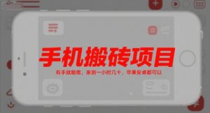 手机搬砖项目，有手就能做，亲测一小时几十，苹果安卓都可以-大兵轻创资源库