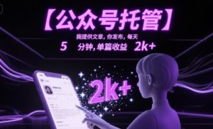 【公众号托管 】我提供文章，你发布，每天5分钟，单篇收益2k+【揭秘】-大兵轻创资源库