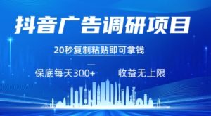 抖音广告调研项目，只需复制粘贴广告即可挣钱，任务不限量，一天稳定3张-大兵轻创资源库