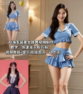 AI海军装美女跳舞视频制作教学，快速涨千粉万粉，视频教程+提示词(绘图词、动作词)-大兵轻创资源库