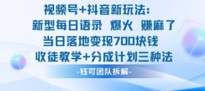 视频号加抖音新玩法:爆火新型每日语录,收徒教学加分成计划,三种变现玩法,当日变现7张-大兵轻创资源库