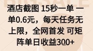 酒店截图15秒一单,一单0.6米,每天任务无上限,全网首发可矩阵单日收益3张【揭秘】-大兵轻创资源库