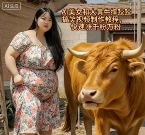 AI美女和大黄牛摔跤搞笑荒诞视频制作教程，快速涨千粉万粉-大兵轻创资源库